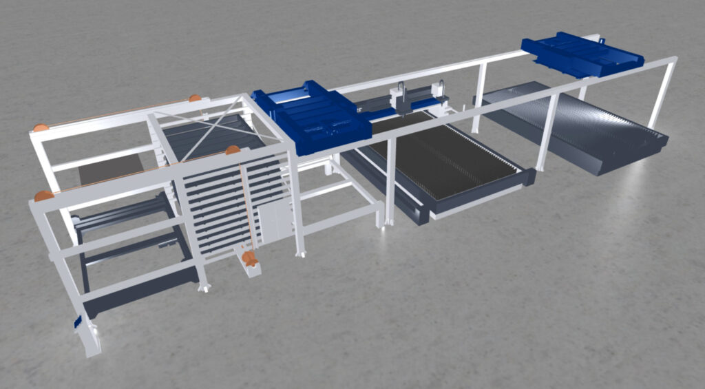 Beispielhaftes computeranimiertes 3D Model eines typischen Material Handling Systems, das in Echtzeit demonstriert, wie OmniFab Material Handling Systeme steuert.