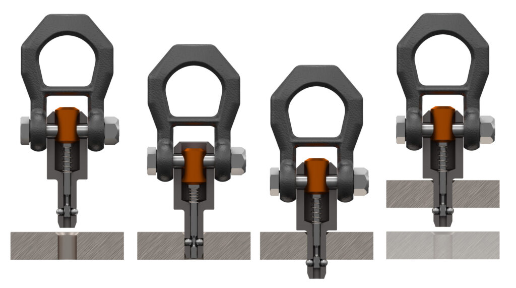 Die Kugeltragbolzen von Halder lassen sich ganz einfach anwenden: den Knopf drücken zum Entriegeln, in die vorhandene Bohrung stecken, Knopf loslassen – Kugeln arretieren selbsttätig – und anheben.