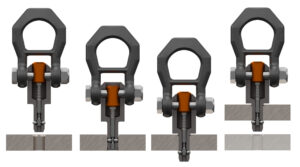 Die Kugeltragbolzen von Halder lassen sich ganz einfach anwenden: den Knopf drücken zum Entriegeln, in die vorhandene Bohrung stecken, Knopf loslassen – Kugeln arretieren selbsttätig – und anheben.