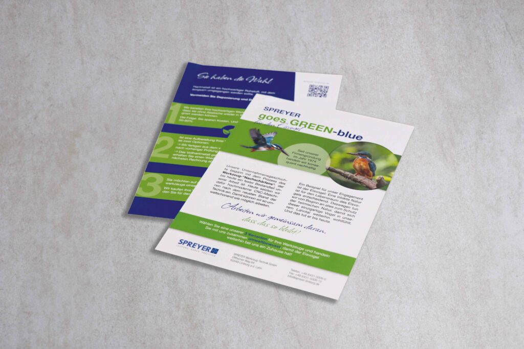 Flyer von Spreyer mit dem Nachhaltigkeitskonzept "GREEN-blue", das Umweltbewusstsein und ressourcenschonendes Handeln in der Industrie betont.