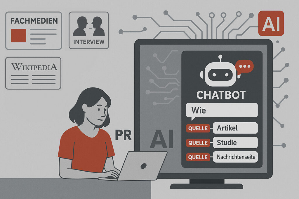 Illustration zur Fach-PR im KI-Zeitalter: Eine PR-Fachkraft arbeitet am Laptop, während ein Chatbot auf dem Bildschirm Inhalte aus Quellen wie Artikeln, Studien und Nachrichtenseiten anzeigt. Im Hintergrund sind Fachmedien und Wikimedia als vertrauenswürdige Quellen dargestellt – symbolisch für die Bedeutung von Earned Media für KI-gesteuerte Sichtbarkeit.