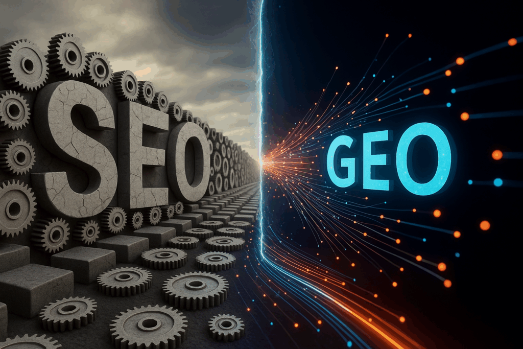 Illustration mit den Worten SEO aus Zahnrädern und GEO aus Datenpunkten, getrennt durch eine leuchtende Linie – Symbol für den Übergang von klassischem Suchmaschinenmarketing zu geografisch datengetriebenem Marketing.