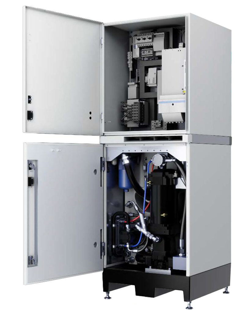Das kompakte Design der CytroBox vereint alle wichtigen Komponenten auf einem halben Quadratmeter Bauraum; so u. a. Synchronmotor, Axialkolbenpumpe mit drehzahlvariablem Pumpenbetrieb Sytronix, strömungs- und entgasungsoptimiertem Öltank von 150 Litern, Steuerblocklösung, integriertem Frequenzumrichter mit Multi-Ethernet-Konnektivität etc.