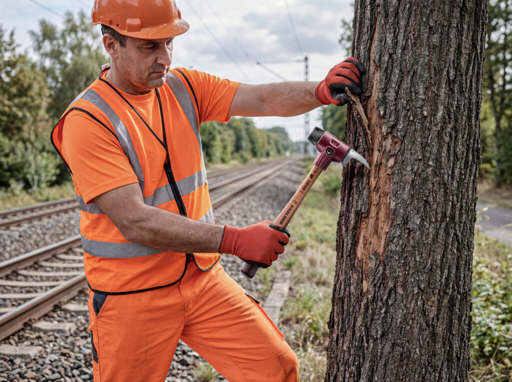 Schonhammer für die Baumdiagnose im Einsatz am Baumstamm