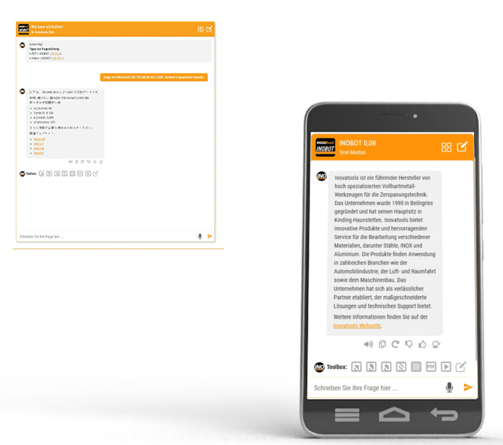 Ob Handy oder Tablet etc. – INOBOT, die App für iOS und Android liefert in Echtzeit fundierte Antworten auf Fragen rund um Fräsen, Bohren, Reiben, Gewinden und die gesamte Inovatools-Produktwelt – jederzeit und ortsunabhängig.