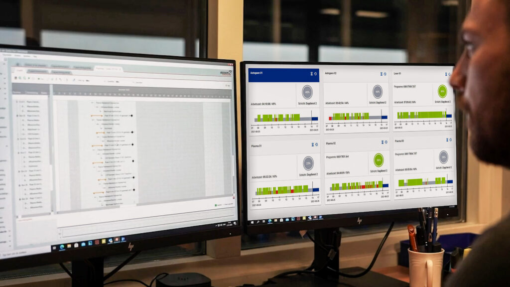 Automatisierte Blechbearbeitung entlang der gesamten Prozesskette 2 OmniFab Software zur digitalen Vernetzung der automatisierten Blechbearbeitung mit Echtzeit-Analyse von Produktionsdaten.
