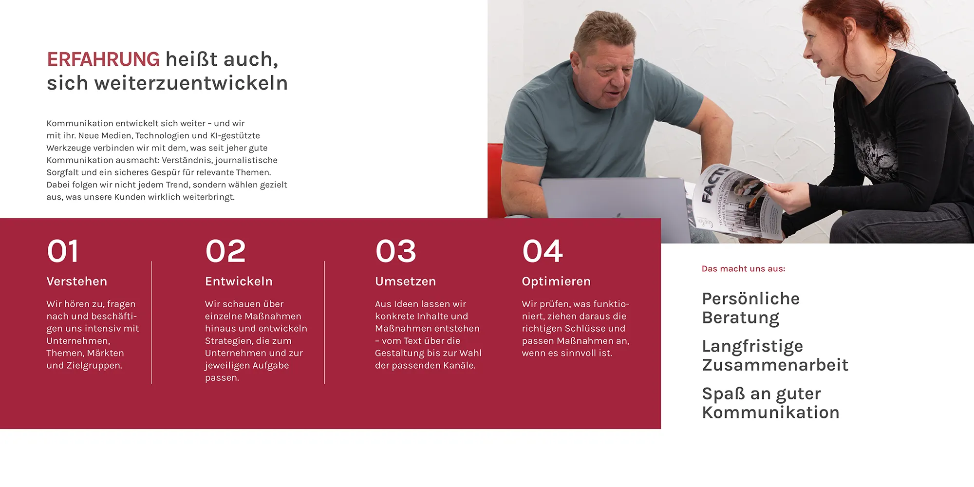 KSKOMM Agenturbroschüre: Arbeitsweise mit persönlicher Beratung, langfristiger Zusammenarbeit und kontinuierlicher Weiterentwicklung