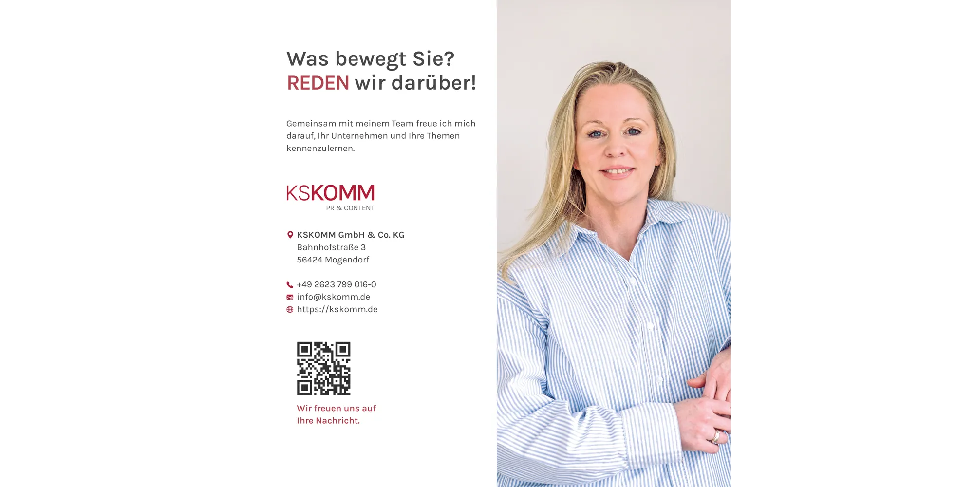 Rückseite der KSKOMM Agenturbroschüre mit Kontaktdaten und Ansprechpartnerin